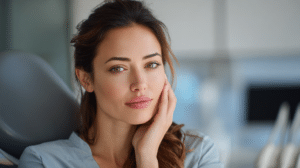 Woman resting her head on her hand in a dental clinic, looking at the camera with a calm expression.